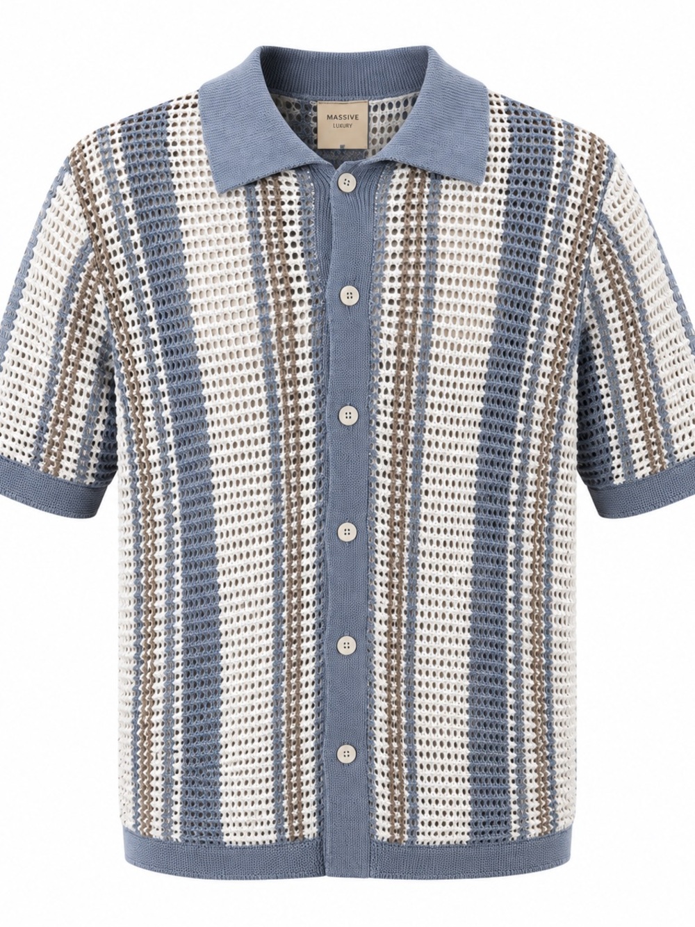 Massive Luxury Men’s Crochet Knit Button Front Shirt Blue White NWT Small